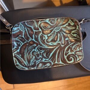 Patricia Nash Embossed Leather Crossbody Bag - Brown and Teal